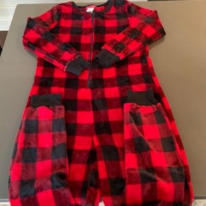 Women’s red and black buffalo plaid fleece pajama onsie
